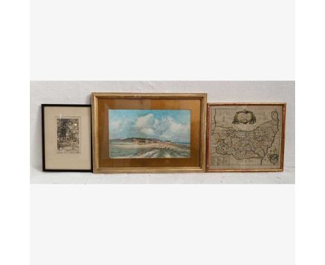 An engraved map of Suffolk, 18th century, by Richard Blome, 30 x 34cm, together with a Stannard print, view of Southwold, and