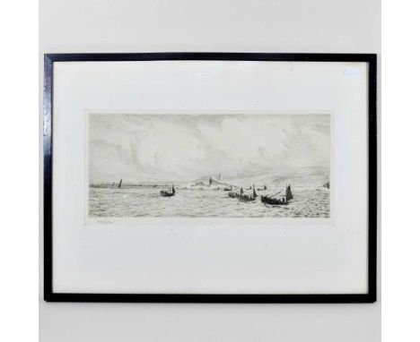 William Lionel Wyllie, 1851-1931, coastal view with boat, etching, signed in pencil to the margin, 18 x 39cm