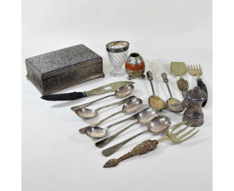 A collection of silverplate and metalwares, to include a silver table cigar box and cutlery
