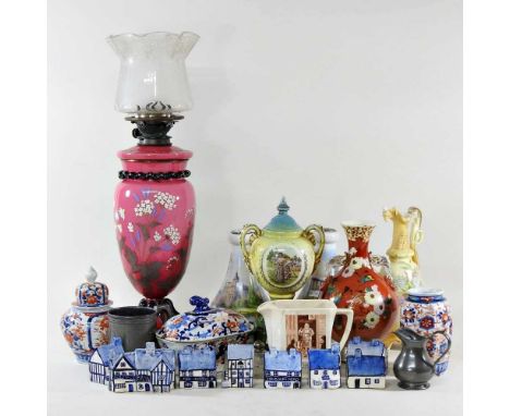 A 19th century opaline glass oil lamp and shade, 59cm high overall, together with a collection of china and miscellaneous, to