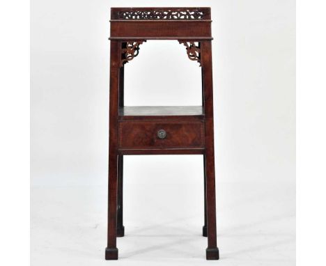 An early 20th century Chippendale style mahogany two tier stand, with fret carved decoration33w x 33d x 73h cm