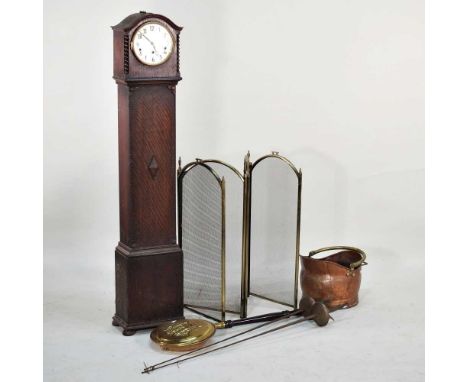 A 1930s oak cased grandmother clock, 133cm high, with a three train movement, together with a brass fire screen and other met
