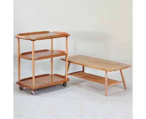 An Ercol light elm coffee table, on a splayed base, 105cm, together with an Ercol three tier hostess trolley (2)105w x 46d x 