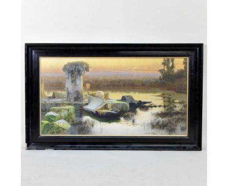 After Enrique Serra, Dawn on the Pontine Marshes, coloured print, 94 x 56cm