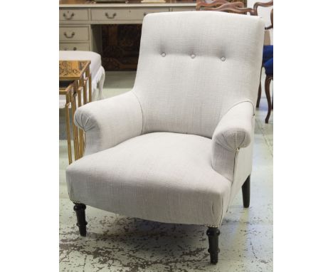 BERGERE, Napoleon III ebonised in modern light grey fabric, 83cm W.