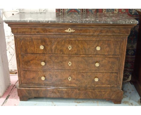 COMMODE, 19th century French Louis Philippe figured walnut with five long drawers and St Anne's grey marble top, 129cm W x 57