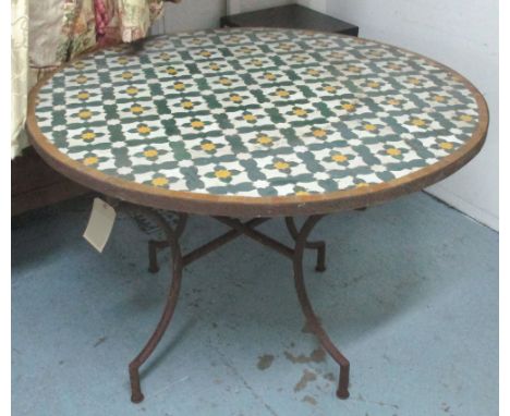 CENTRE TABLE, ceramic tile and wrought iron, 119cm W x 78cm H.
