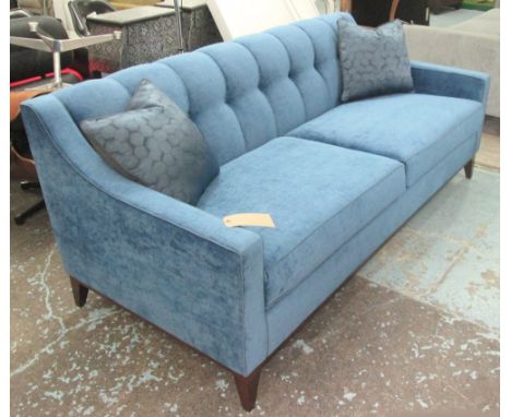 SOFA, two seater in blue fabric on square supports, 194cm L. 