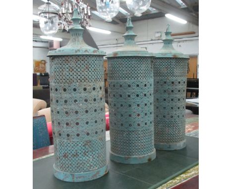 STORM LANTERNS, a set of three, vintage style blue finish, 69cm x 24cm. (3)