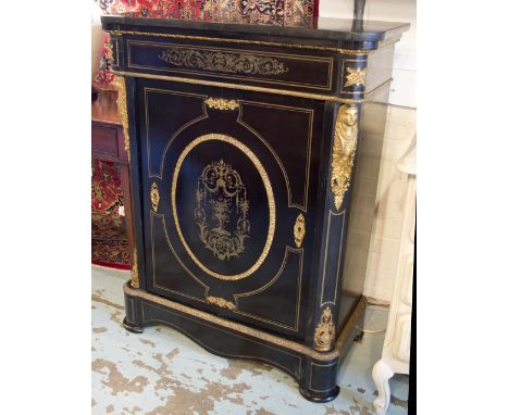 PIER CABINET, 19th century French Napoleon III ebonised and gilt metal mounted with fossil marble and boulle panelled door, 8