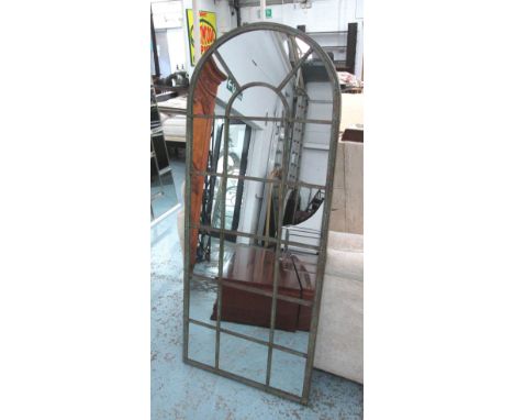 MIRROR, architectural style with domed top in a metal frame, 159cm x 66cm.