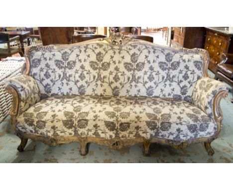 SOFA, 19th century Louis XV style, giltwood frame in patterned upholstery, 193cm W.