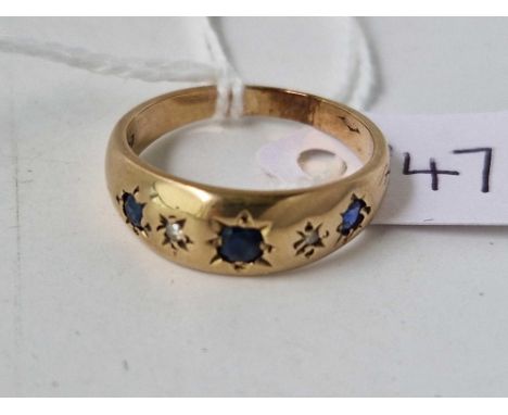 A sapphire and diamond five stone gypsy set ring, 9ct, size P, 3.5 g