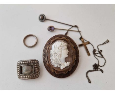 A bag containing antique silver buckle, cameo, stick pins etc