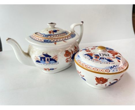 A Newhall (marked) teapot and cover and a similar Spode sugar bowl and cover