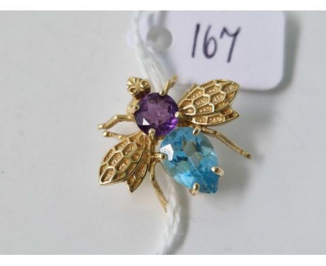 A bug brooch with topaz and amethyst, 9ct, 3.5 g
