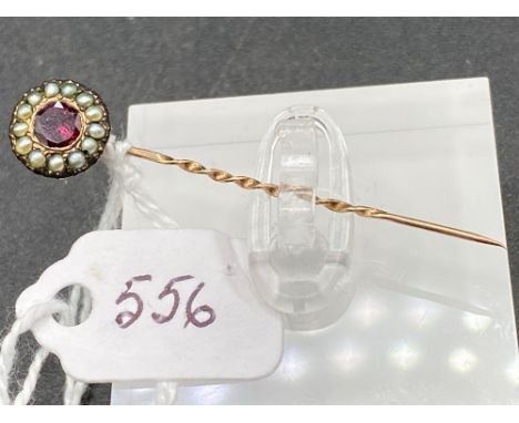 A Georgian flat cut garnet and pearl stick pin