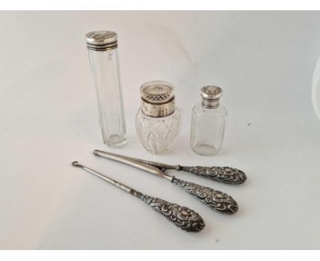 Three Silver Mounted Jars &amp; A Pair of Glove Stretchers &amp; Button Hook