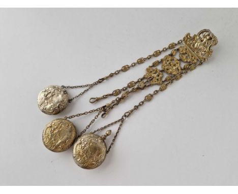 Antique French silver gilt chatelaine, with a pin cushion, a scent flask and a pin box, the pin box and the scent flask with 