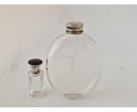 An Oval Silver Mounted Spirit Flask with Screw on Cover & Scent Phial with TorticeShell Mounted Cover and Glass Body Birmingh