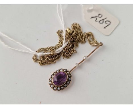 An antique amethyst &amp; pearl gold pendant on gold chain 3.4g