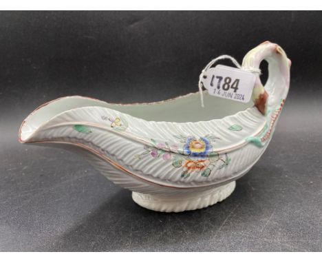 A good 18th Century Worcester sauce boat with painted leaf decoration, 8.5 inches long
