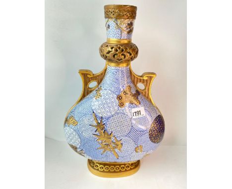 A large Worcester aesthetic blue ground vase, within gilded decoration, 16 inches high