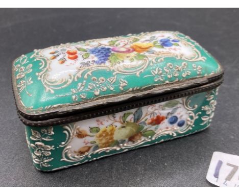 An attractive Severs green snuff box with painted panels, gilt metal mounts, 3.5 inches wide