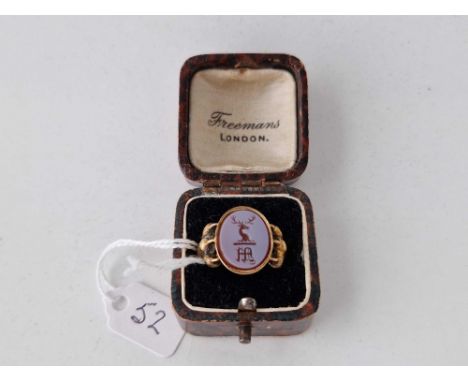 A VICTORIAN CLAW SET STAG INTAGLIO SIGNET RING, 18ct test, dated 1869, size M, 8.3 g boxed