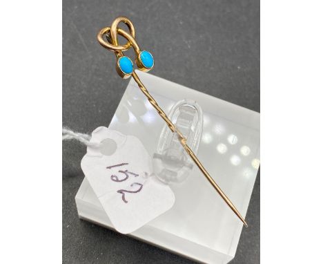 A art nouveau turquoise double drop screw top stick pin in high carat