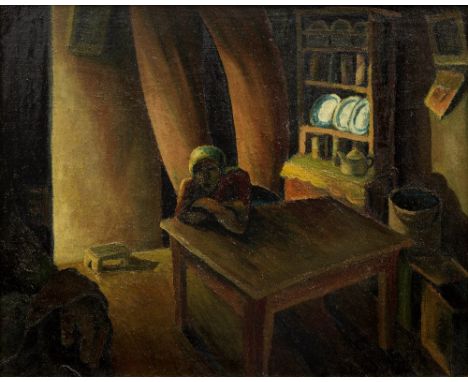 Gerard Sekoto (South African, 1913-1993)Interior with woman, Sophiatown  oil on canvas 39.7 x 49.5cm (15 5/8 x 19 1/2in).Foot