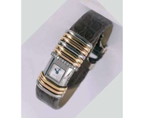 Cartier Declaration Damenarmbanduhr, gepunzt 750er WG, mit 17 Diamanten, laut Kaufbeleg: Titan Quarz, Nylonband Faltschließe,