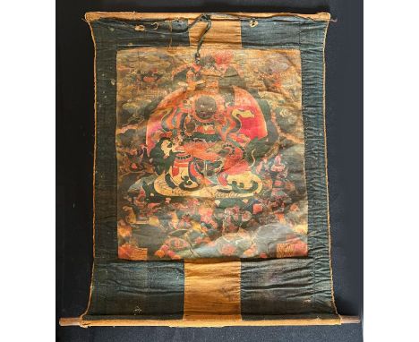 Thangka, Tibet, Stoff, bemaltes Rollbild, alt, 65 x 54 cm / Old thangka, Tibet, fabric, painted scroll painting, signs of age