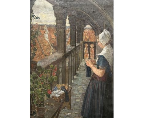 Edmund Körner. Stehende strickende Frau, die vom Balkon auf die ziegelbedeckten Dächer der Stadt schauen kann. Signiert, Öl/L