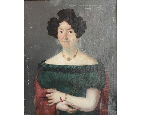 Unbekannter Künstler, Biedermeier, Portrait einer dunkel gelockten Dame mit grünem Kleid und zartem Collier, Öl/Lwd (aufgez.)