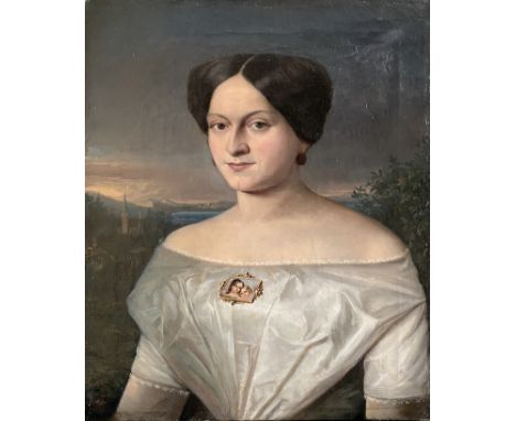 Unbekannter Maler, Biedermeier-Portrait, Brustbild einer Dame in weißer Bluse mit aufwändiger Brosche vor einer weiten Landsc