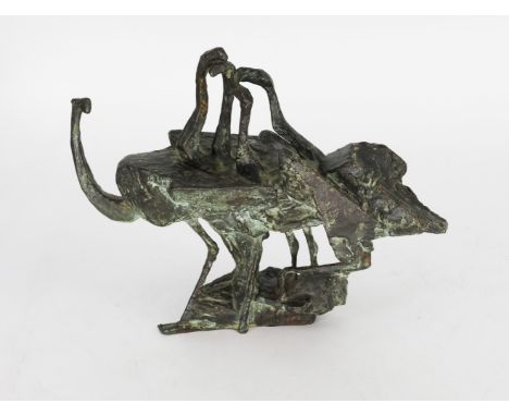Gruppe von langbeinigen Vögeln, Bronze, mit Monogramm o.S., 30 x 37 x 15 cm / Group of long-legged birds, bronze, with monogr