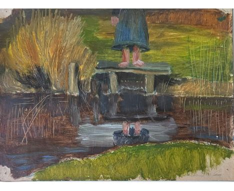 Schiestl (Würzburger Künstlerfamilie), Mädchen am Teich, in frischen grünen Farben, Ölskizze, rücks. Stempel: Aus dem Nachlas