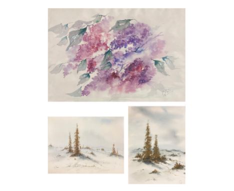 Günther Burr (* 1943, Würzburger Maler), drei Aquarelle: zwei Winterlandschaften mit Nadelbäumen, signiert, ein Hoch- und ein
