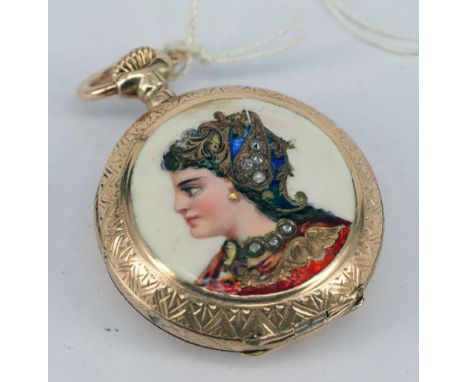 Damentaschenuhr, 585er Roségold, 17 g, Staubdeckel auch Gold, D 2,5 cm. Mit Sprungdeckel (Savonnette), Uhr läuft an (Werk nic