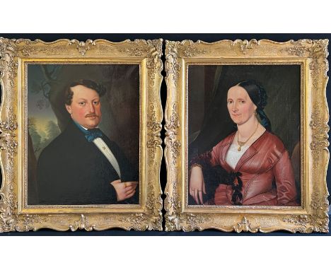 Unbekannter deutscher Künstler, 19. Jh., 2 Biedermeier Portraits: Vor landschaftlichem Hintergrund der Herr mit blauer Fliege