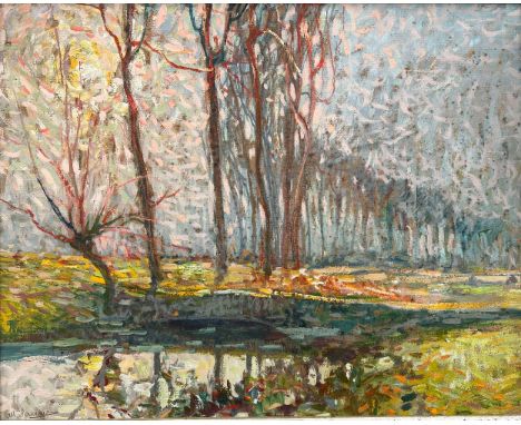 Albert SAVERYS (1886-1964), Landschaft mit Weiher und Bäumen im Morgenlicht, signiert sowie rücks. bez.: 't Brugge in Dag... 