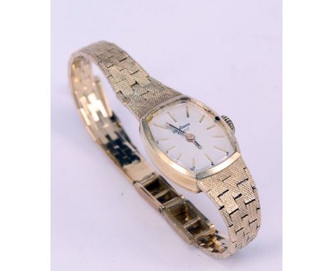 Pallas Damenarmbanduhr, 585er GG, 29,55 g, Gebrauchsspuren. Helles Zifferblatt mit Stabindices, Uhr läuft an (Werk nicht gepr