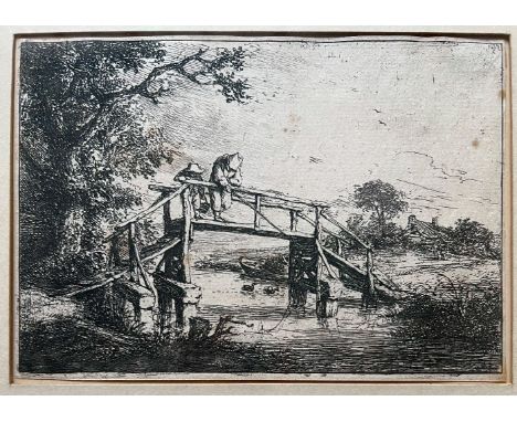 Adriaen VAN OSTADE (1610-1685), Zwei Angler auf der Brücke, Radierung, Plattenrand beschnitten, stockfleckig, Motiv: 10,6 x 1