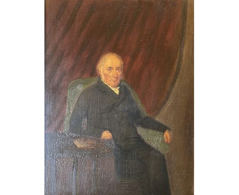 Unbekannter Künstler, Portrait eines sitzenden älteren Herren, in einem grünen Sessel, vor ihm einTisch mit einem Buch, resta