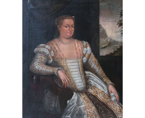 Unbekannter Künstler, Spätrenaissance-Frühbarock, 18. Jh., Portrait einer aufwändig gewandeten Dame mit Perlenkette, rechts e