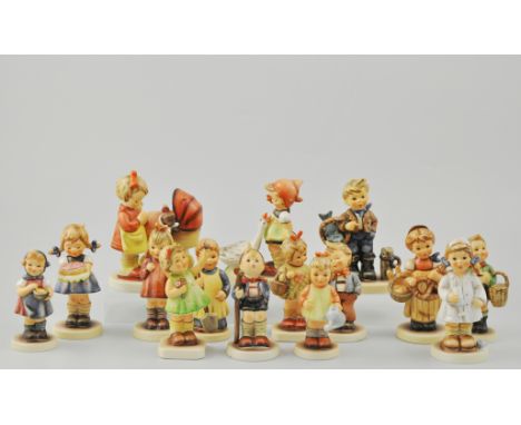 Collection of fifteen Goebel Hummel, to included boy carrying fish, girl and geese, girl with cake and others, various, (15).