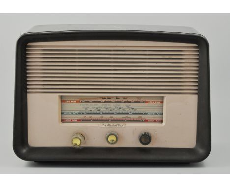 His Masters Voice, Bakelite cased mains radio, 41cm, vintage "Marconi" radio and a bush transistor, (3).