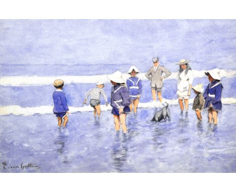 After E Van Goethenz, Seaside Scenes, a pair of colour prints, 35cm x 50cm.
