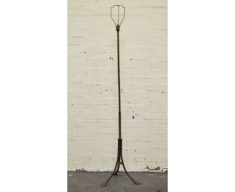 Cast brass standard lamp, tripod base, 153cm.